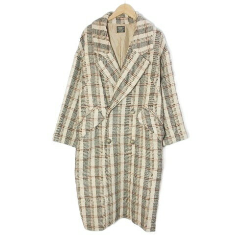 【中古】ダブルネーム DOUBLE NAME レイカズン ダブルチェスターコート ロング チェック サイドジップ フリーサイズ ベージュ系 /X 【ベクトル 古着】 251003