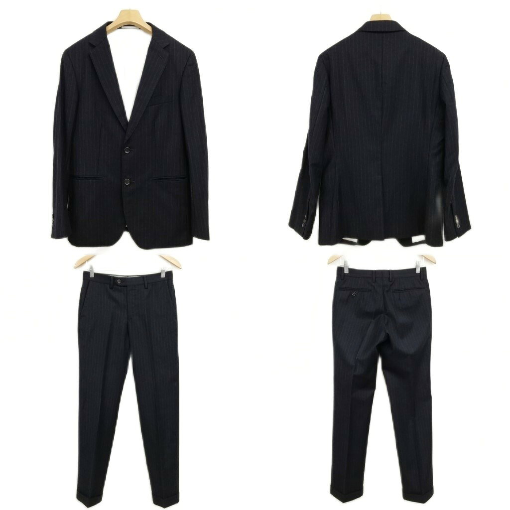 【中古】エディフィス EDIFICE ウール カシミヤ ストライプ シングル 2B スーツ セットアップ ジャケット スラックス 46 ネイビー メンズ 【ベクトル 古着】 251022