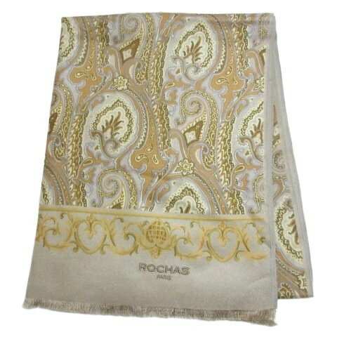 【中古】ロシャス ROCHAS 美品 シルクブランケット ストール 総柄 フリンジ ロゴ刺? ベージュ系 /X レ..