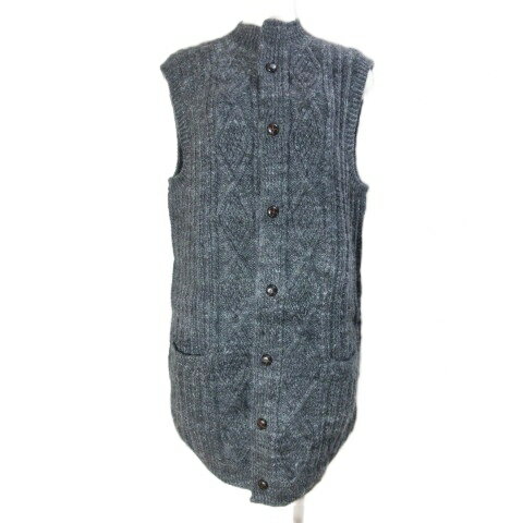 【中古】サフォークランド士別 美品 ニットベスト ジレ ロング ハイネック ウール 厚手 前開き チャコールグレー /X レディース 【ベクトル 古着】 251123