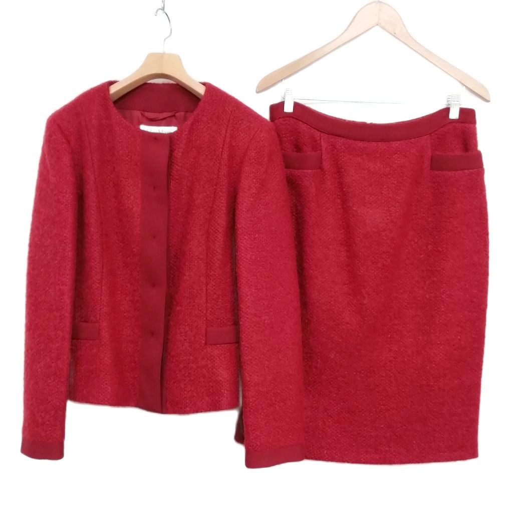 【中古】マックスマーラ MAX MARA 白タグ モヘヤ混 ツイード スカート スーツ ノーカラー ジャケット 44 レッド系 レディース 【ベクトル 古着】 251127