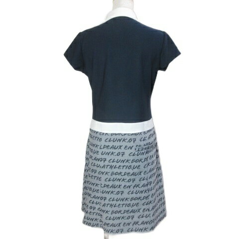 【中古】クランク clunk 吸汗速乾 半袖 フレアポロワンピース ゴルフウェア CL5PUQ16 ひざ丈 刺? 総ロゴ M ネイビー ホワイト /X レディース 【ベクトル 古着】 260207