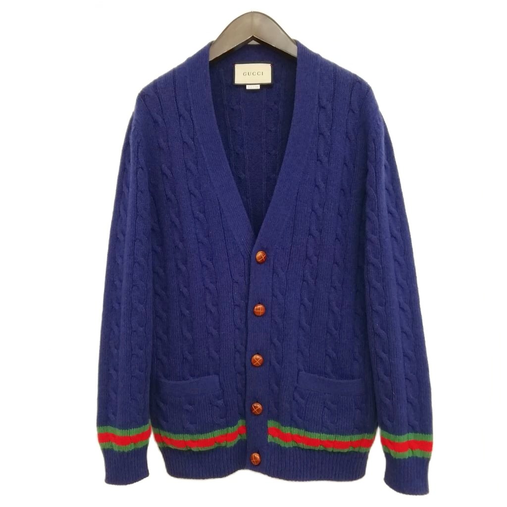 gucci///////////////\' - 【中古】グッチ GUCCI カシミヤ ウール ケーブル ニット カーディガン シェリーライン くるみボタン XS ネイビー メンズ 【ベクトル 古着】 260224