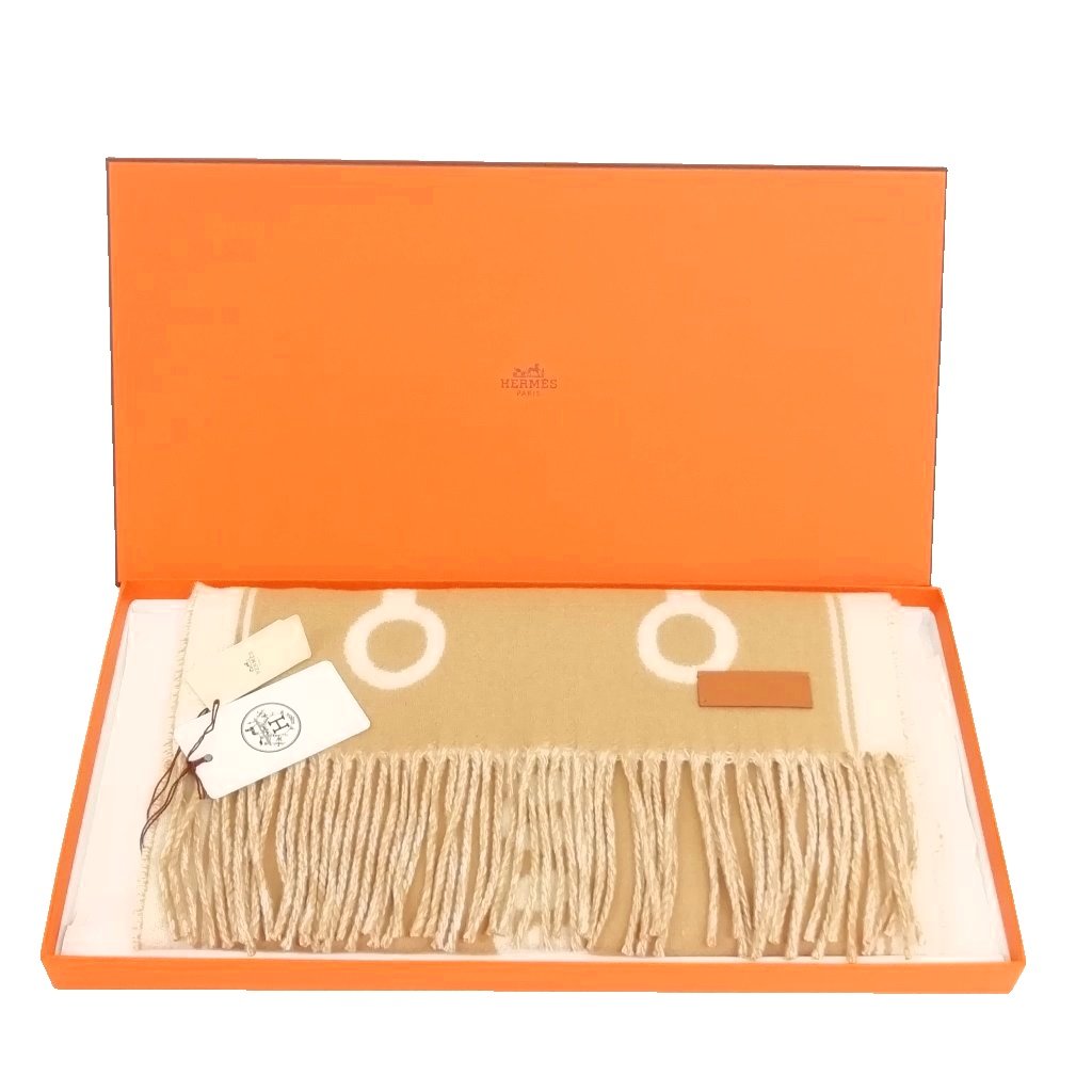 未使用品 エルメス HERMES H259157S 03 CASAQUE MORS SCARF フリンジ マフラー ストール キャメル イヴォワール レディース  260427