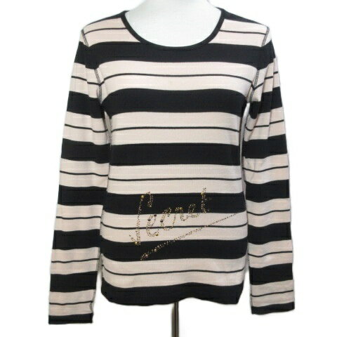 ソニアリキエル SONIA RYKIEL ニット カットソー 長袖 ボーダー プルオーバー スタッズ 刺? インサイドアウト 薄手 M ブラック ベージュ系 /X レディース  260624