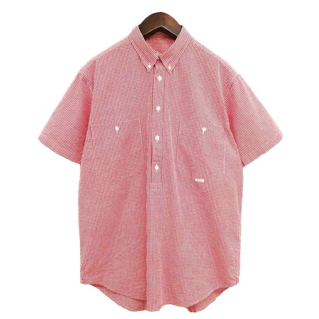 【中古】パパス Papas シアサッカー ギンガムチェック プルオーバー ボタンダウン シャツ 美品 半袖 M レッド メンズ 【ベクトル 古着】 260828