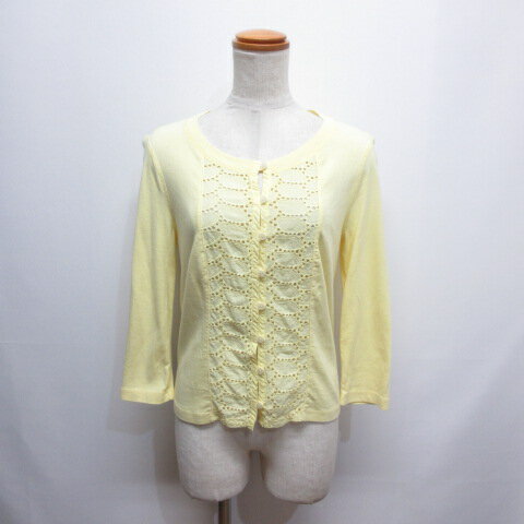 【中古】スリードッツ three dots 七分袖 カーディガン レース装飾 S 黄 イエロー USA製 レディース 【ベクトル 古着】 241029