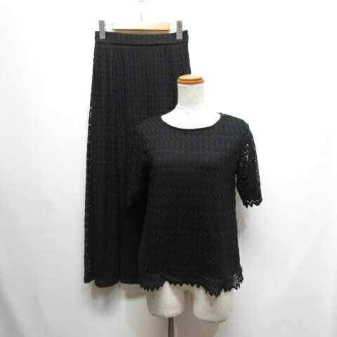 【中古】テチチ Te chichi 総レース 半袖 カットソー スカート セットアップ F 黒 ブラック 裏地付き レディース 【ベクトル 古着】 250416