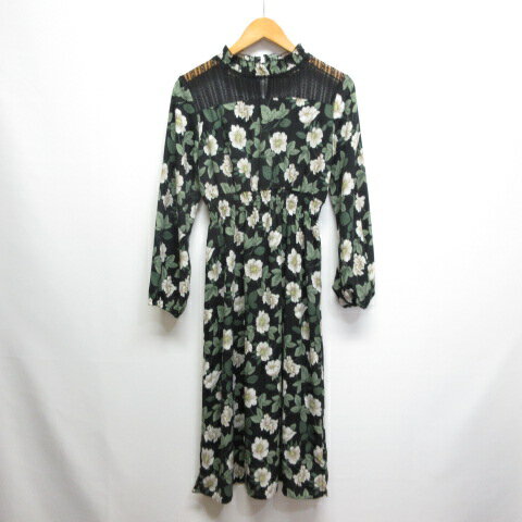 【中古】セシルマクビー CECIL McBEE 花柄 長袖 ワンピース M 黒 ブラック 一部レース 裏地付き レディース 【ベクトル 古着】 250702