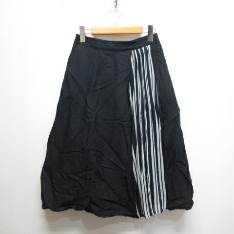 【中古】ナポカ napoca 麻リネン混 ミディアム スカート ネイビー 布帛ストライプ柄 切替え バックゴム レディース 【ベクトル 古着】 250729