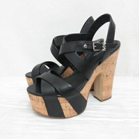 極美品！MICHAELKORS レザー ミュール サボ サンダル フラット 黒 Lace Ladies サンダル レザー調 オープントゥ プラットフォーム