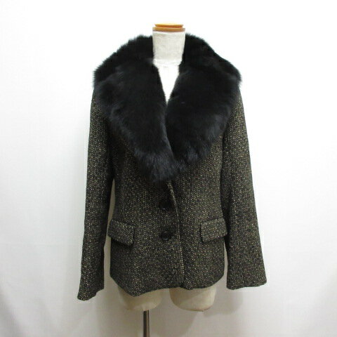 【中古】レキップヨシエイナバ L'EQUIPE YOSHIE INABA ツイード ジャケット フォックスファー取外し可 11 黒×茶 ウール混 裏地付き 日本製 レディース 【ベクトル 古着】 251110
