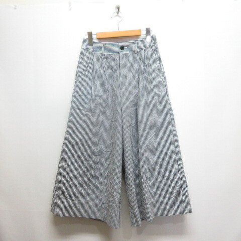 ルミノア Leminor Vent d'ouest 美品 ギンガムチェック柄 ガウチョ パンツ 36 ネイビー シアサッカー素材 ジッパーフライ 日本製 レディース  260218