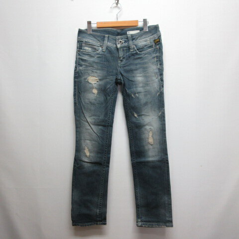 [Used] G-Star RAW Distressed Straight Denim Jeans, Size 27, Indigo, Low Rise, Zipper Fly, Slight Stretch, Women's [Vector Used Clothing] 260513