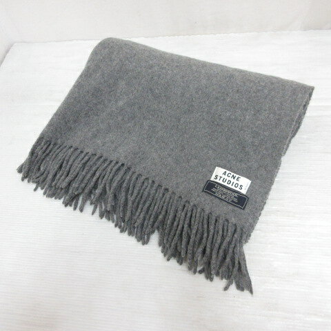 【中古】アクネ ストゥディオズ Acne Studios ウール フリンジ マフラー 大判ストール ダークグレー 無地 イタリー製 メンズ レディース 【ベクトル 古着】 260830