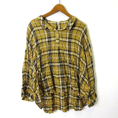 【中古】ハートマーケット HEART MARKET シャツ ブラウス 麻 リネン プルオーバー チェック柄 シワ加工 ハーフボタン ロングテール オーバーサイズシルエット ドロップショルダー 長袖 M マスタード 紺 ネイビー レディース 【ベクトル 古着】 230523