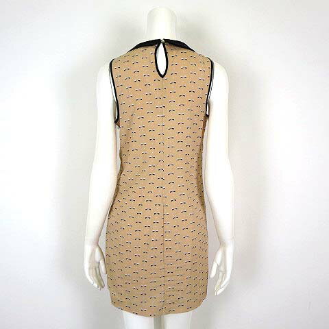 【中古】フォーエバー21 FOREVER21 ワンピース Iライン ミニ リボン柄 丸衿 ノースリーブ S ライトベージュ 黒 ブラック オフ白 レディース 【ベクトル 古着】 230725