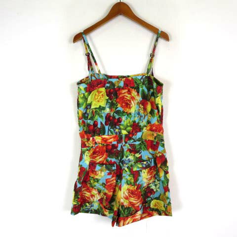 【中古】ジョイリッチ JOYRICH サロペット オールインワン キャミソール 薔薇 花柄 フルーツ柄 ハーフボタン ショートパンツ S ライトブルー 赤 レッド 黄 イエロー マルチカラー レディース 【ベクトル 古着】 240412