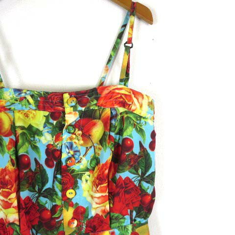 【中古】ジョイリッチ JOYRICH サロペット オールインワン キャミソール 薔薇 花柄 フルーツ柄 ハーフボタン ショートパンツ S ライトブルー 赤 レッド 黄 イエロー マルチカラー レディース 【ベクトル 古着】 240412