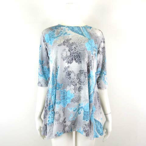 【中古】未使用品 Atelier Aunty チュニック カットソー フレア ペイズリー 花柄 落ち感 とろみ ストレッチ 7分袖 M グレー ライトブルー マルチカラー タグ付 美品 レディース 【ベクトル 古着】 250408