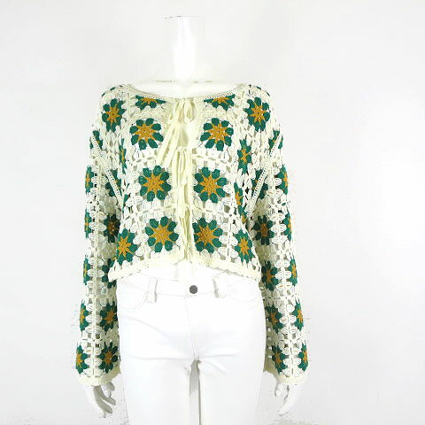 【中古】ロデオクラウンズワイドボウル RODEO CROWNS WIDE BOWL RCWB FLOWER クロシェ ニット ボレロ カーディガン フロント リボン ベルスリーブ 長袖 F アイボリー グリーン マスタード 美品 レディース 【ベクトル 古着】 250526