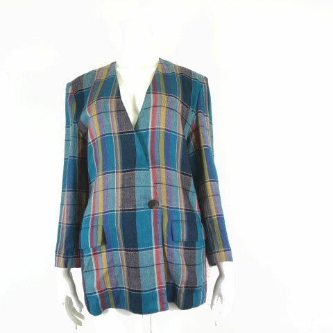 【中古】ラピーヌブランシュ LAPINE BLANCHE ジャケット チェック ノーカラー リネン 麻 長袖 M 9 マルチカラー レディース 【ベクトル..