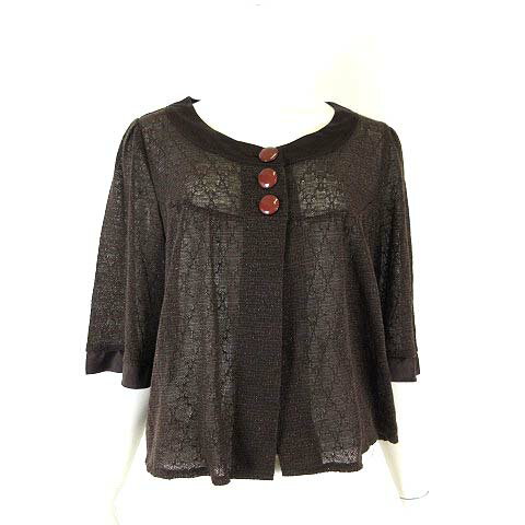 【中古】サブストリート SAB STREET カーディガン ニット シアー ラメ ラウンドネック 切替 リネン コットン サテン フレアスリーブ 5分袖 半袖 2XL 15 ダークブラウン 茶 ブラウン シルバー 大きいサイズ レディース 【ベクトル 古着】 250827