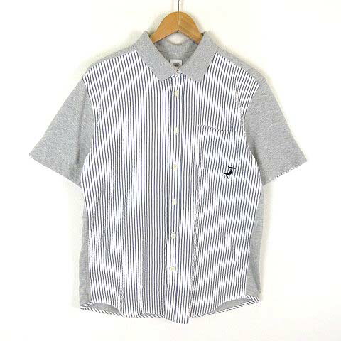 【中古】グラニフ graniph Design Tshirts Store graniph シャツ ストライプ柄 異素材 切替 鹿の子 シアサッカー クジラ 刺繍 コットン ストレッチ 半袖 L グレー 白 ホワイト 青 ブルー レディース 【ベクトル 古着】 250903