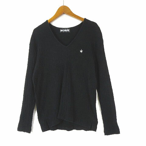 【中古】BOAST ボースト ゴルフ ニット セーター 花柄 編み シワ加工 ロゴ 刺繍 Vネック 長袖 M 黒 ブ..