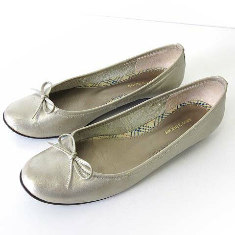 【中古】モードカオリ MODE KAORI バレエシューズ パンプス リボン 本革 レザー 23.5cm パール ゴールド くつ 靴 シューズ レディース 【ベクトル 古着】 251121
