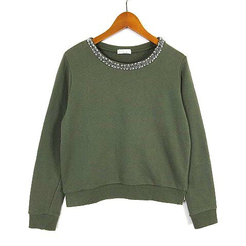 【中古】アースミュージック&エコロジー EARTH MUSIC & ECOLOGY トレーナー スウェット プルオーバー ビーズ パール装飾 ストレッチ 長袖 M カーキ レディース 【ベクトル 古着】 251201