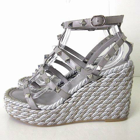 【中古】ヴァレンティノ ガラヴァーニ VALENTINO GARAVANI ロックスタッズ サンダル ストラップサンダル ウエッジソール 本革 レザー 36 グレー シルバー 23.0cm くつ 靴 シューズ イタリア製 レディース 【ベクトル 古着】 260222
