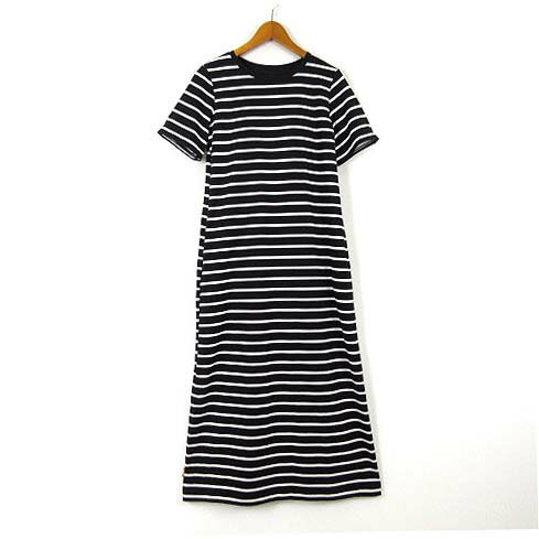 【中古】ユニクロ UNIQLO エアリズム コットン ブラ ワンピース ボーダー カットソー クルーネック ロング ストレッチ 半袖 S 黒 ブラック 白 ホワイト 美品 レディース 【ベクトル 古着】 260330