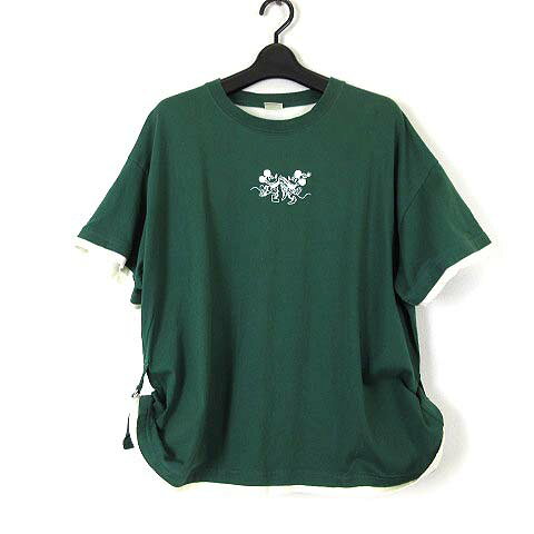 【中古】ダブルネーム DOUBLE NAME ディズニー Disney Tシャツ レイヤー風 ミッキー ミニー 刺繍 半袖 サイドロールアップ F グリーン 緑 オフ白 レディース 【ベクトル 古着】 260424