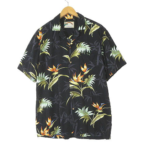 【中古】PARADISE FOUND パラダイスファウンド ヴィンテージ アロハシャツ 花柄 オープンカラー 半袖 L 黒 ブラック マルチカラー メンズ 【ベクトル 古着】 260618