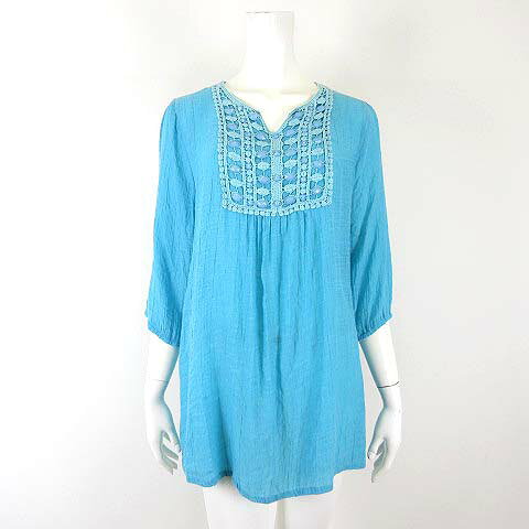 【中古】ルプア RUPUAU チュニック シワ加工 刺繍 レース ビジュー シアー シフォン キーネック ギャザー 7分袖 M-L ターコイズブルー レディース 【ベクトル 古着】 260803