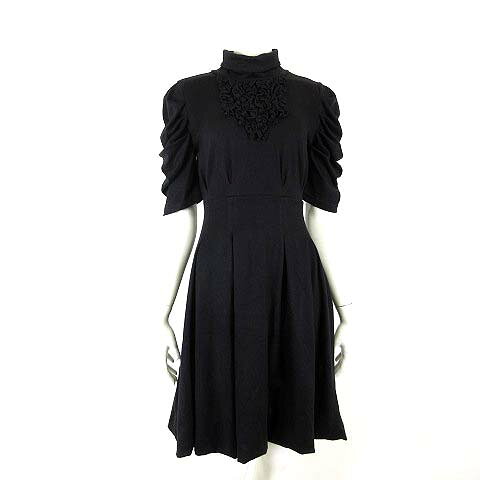 【中古】レギープレス LEGGY PRESS ワンピース フレア 切替 カットソー タック フリル メロウ タートルネック バルーン裾 ひざ丈 ストレッチ ギャザー ボリューム袖 5分袖 半袖 M 黒 ブラック レディース 【ベクトル 古着】 260908