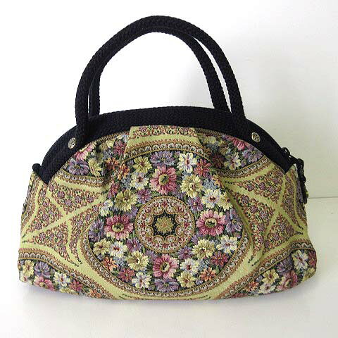 【中古】岡本工芸 MY BAG IN FANTASY バッグ ゴブラン織り ハンドバッグ トート 花柄 ベージュ 黒 ブラック ピンク かばん 鞄 カバン レディース 【ベクトル 古着】 260908