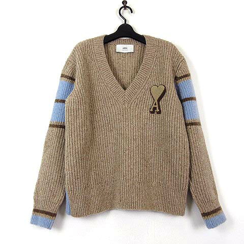 【中古】アミ アレクサンドル マテュッシ ami alexandre mattiussi アミパリス Ami paris 2023AW カレッジ ウール リブニット セーター UKS823 KN0111 アルパカ 長袖 Aロゴ 刺繍 XS 杢 キャメル ベージュ ライトブルー 国内正規品 美品 レディース