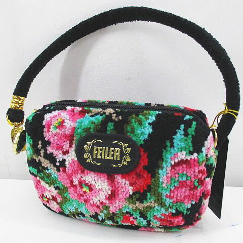 【中古】フェイラー FEILER ミニポーチ ハンドル付き シュニール織 花柄 ブラック 黒 日本製 レディース 【ベクトル 古着】 221006のサムネイル