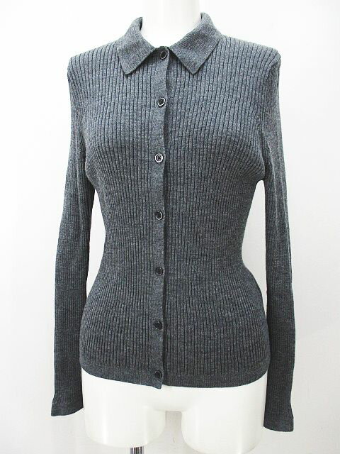 【中古】ユニクロ UNIQLO 長袖 リブ ポロ カーディガン XL 灰系 グレー ボタン 伸縮性 毛 ウール レディース 【ベクトル 古着】 240524のサムネイル