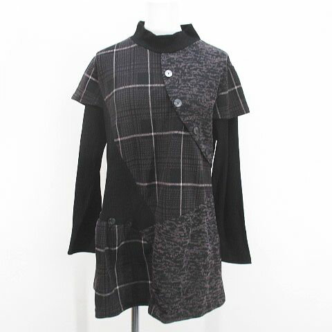 【中古】EVE 長袖 チュニック M-L 黒系 ブラック チェック柄 ストレッチ レディース 【ベクトル 古着】 250214