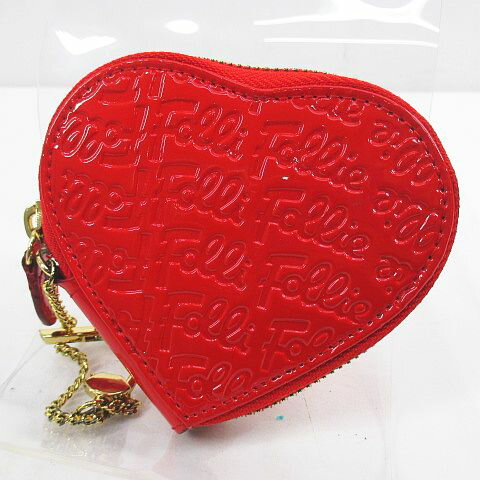 【中古】フォリフォリ Folli Follie チェーンウォレット コインケース 小銭入れ ハート 型押しロゴ レッド 赤 レディース 【ベクトル 古着】 250509