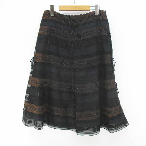 【中古】レナランゲ RENA LANGE ロング丈 フレアスカート 40 黒系 ブラック レース リ
