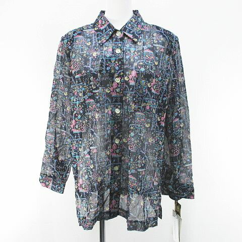 【中古】未使用品 Celesus 花柄 長袖 シースルー シャツ ブラウス フリー 紺系 ネイビー サイドスリット ボタン タグ付 レディース 【ベクトル 古着】 250610