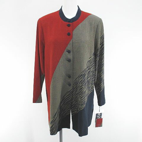 【中古】未使用品 あいびぶれ 長袖 ノーカラーシャツ ブラウス ミディアム丈 FREE ベージュ系 日本製 肩パット タグ付 総柄 レディース 【ベクトル 古着】 250707(4)