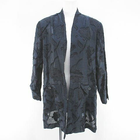 【中古】あいびぶれ 花柄 フラワー 長袖 カーディガン ミディアム丈 前開き 背抜き 麻 リネン 紺系 ネイビー 日本製 シースルー 透け感 肩パット 裏地 レディース 【ベクトル 古着】 250714