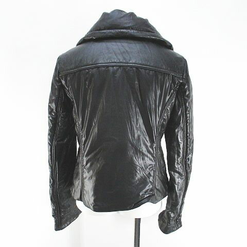 【中古】エルマノシェルビーノ ERMANNO SCERVINO ダウンジャケット 比翼 本革 レザー 42 黒系 ブラック イタリア製 ポケット ジップアップ 切替 裏地 無地 レディース 【ベクトル 古着】 250803