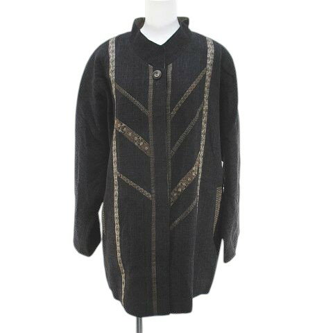 【中古】飛天 コート ミディアム丈 比翼 絹 シルク 灰系 グレー 日本製 ボタン 裏地 総柄 レディース 【ベクトル 古着】 250819