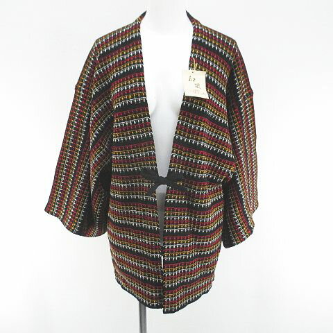 【中古】未使用品 カリンカ はんてん 半纏 ニット カーディガン M 黒系 ブラック 日本製 毛 ウール タ..